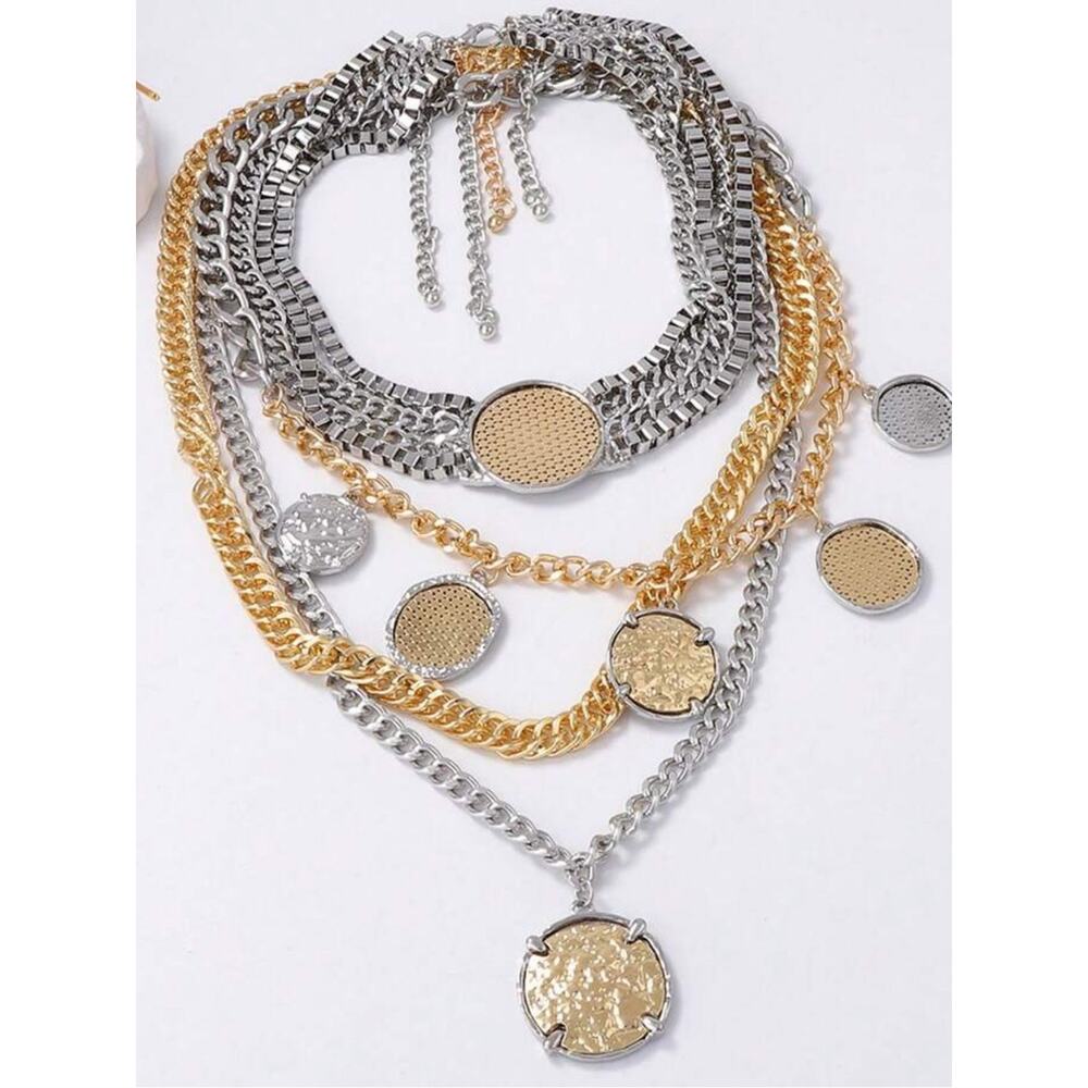 Stainless Steel Multilayer Coin Statement Necklace Old Money Layered Chain - Picture 9 of 11